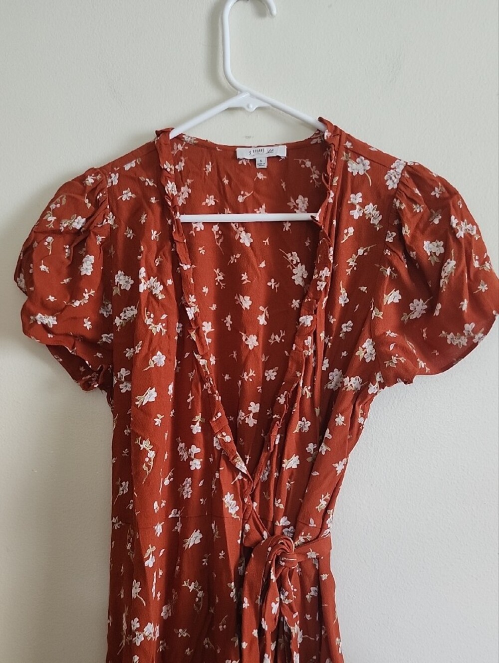 Madewell Rust Color Floral True Wrap Midi Dress with Tie Waist Ruffles - Picture 6 of 7
